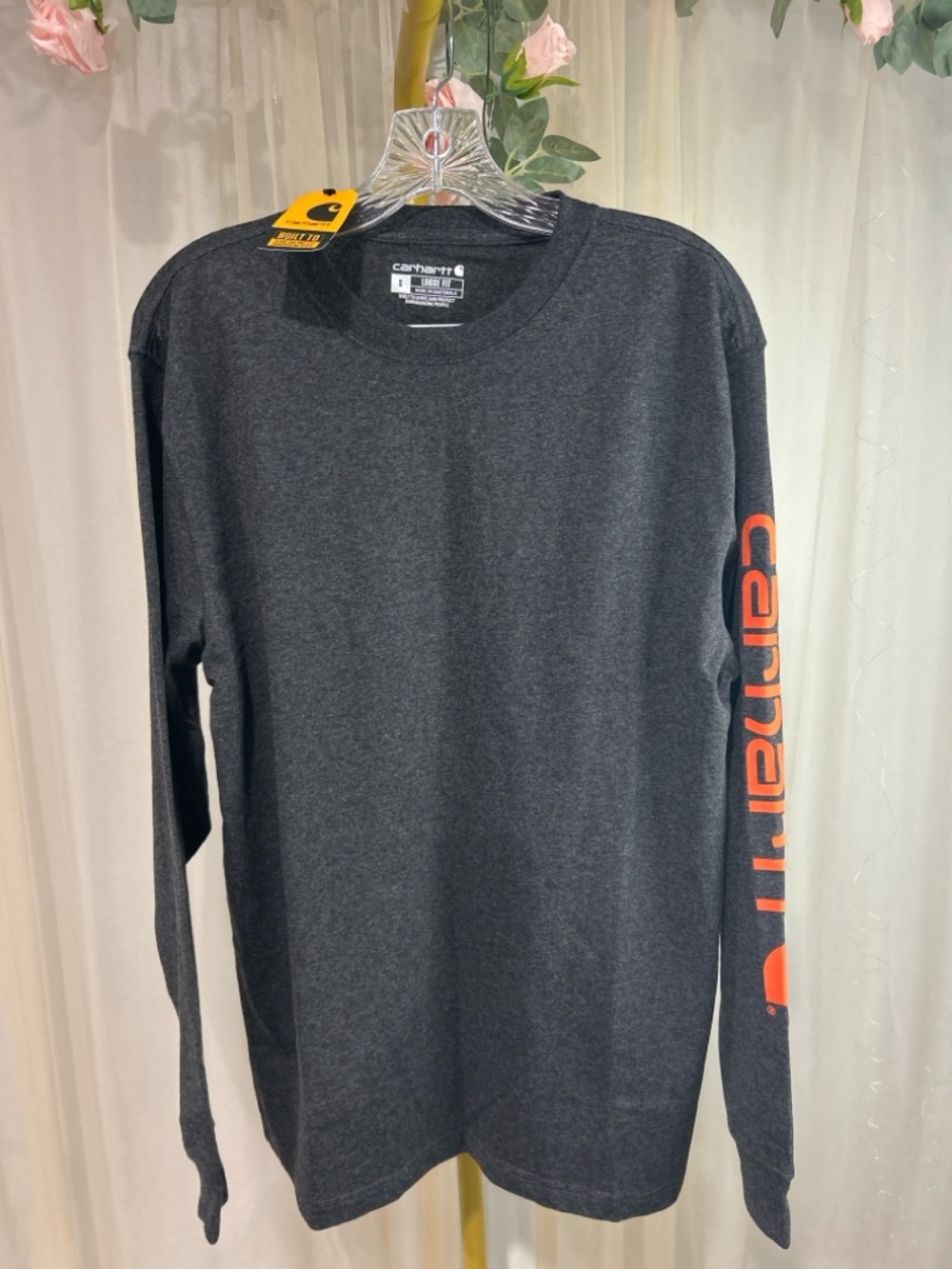 Carhartt Long Sleeve Graphic Tee Gray Loose Fit Logo Sleeve Shirt Size S NWT